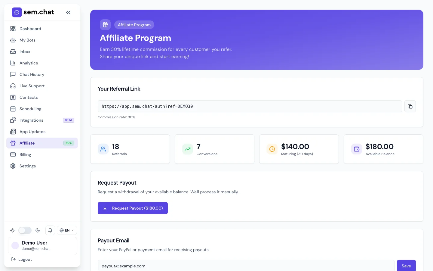 Real CRMsoftware.pro demo workspace screenshot of Affiliate