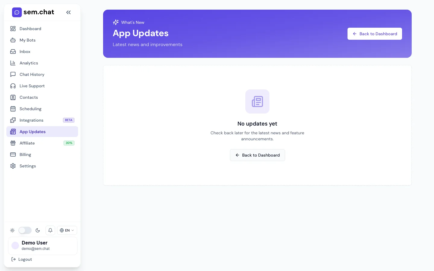 Real CRMsoftware.pro demo workspace screenshot of App Updates