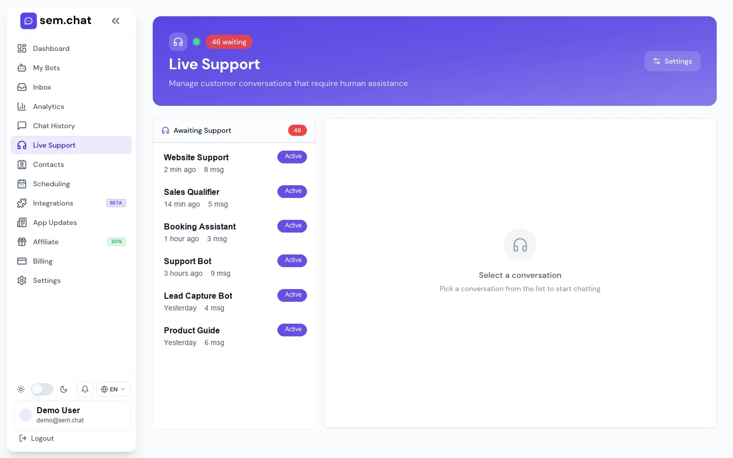Real CRMsoftware.pro demo workspace screenshot of Live Support