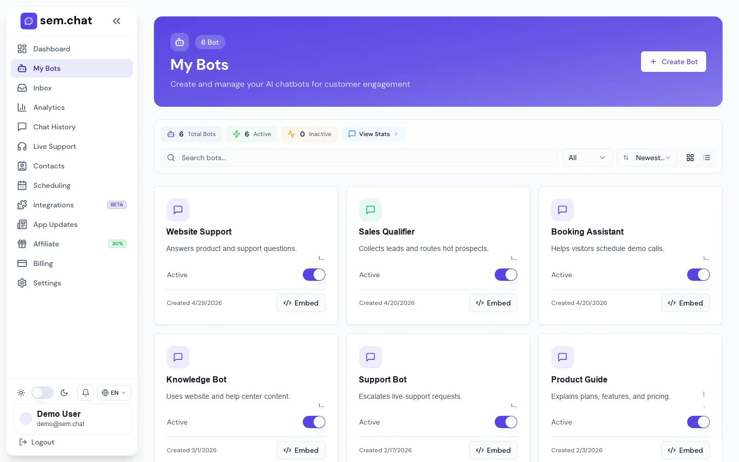 Real CRMsoftware.pro demo workspace screenshot for Bots and Bot Builder