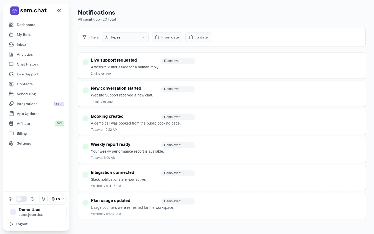 Real CRMsoftware.pro demo workspace screenshot of Notifications