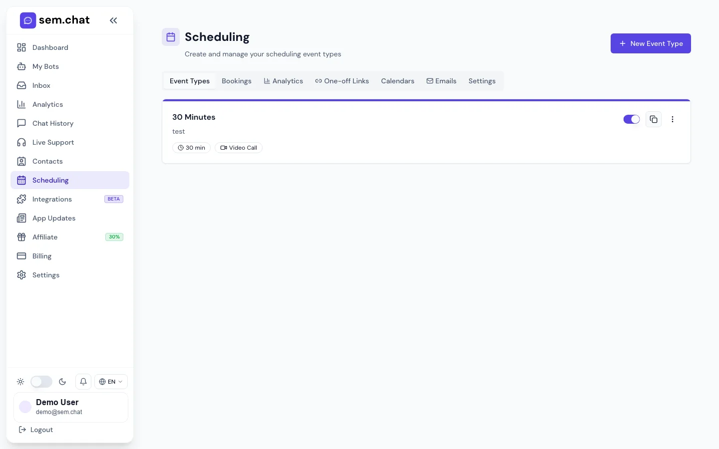 Real CRMsoftware.pro demo workspace screenshot of Scheduling