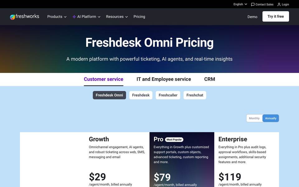 Freshdesk Omni pricing screenshot
