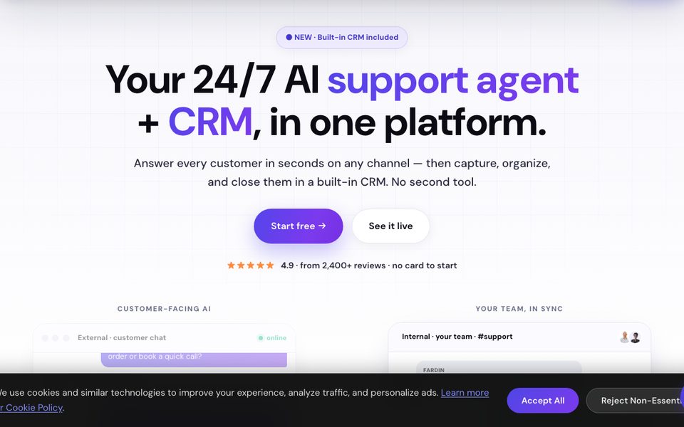CRMsoftware.pro homepage showing AI support agent and CRM