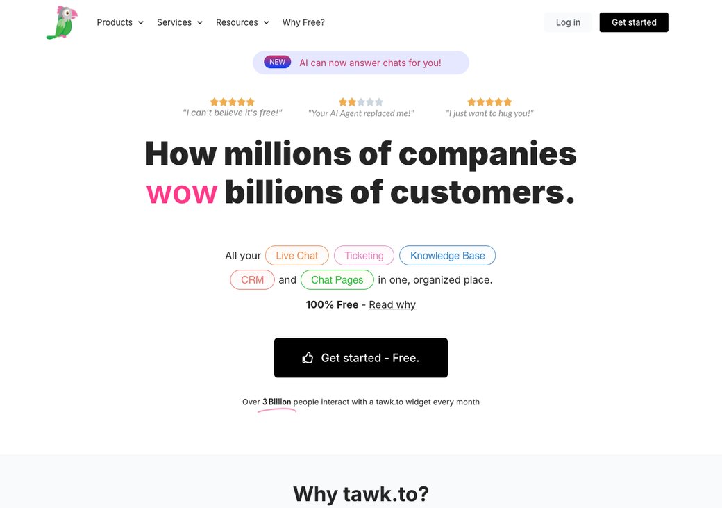 La página de inicio de Tawk.to que muestra chat en vivo gratuito