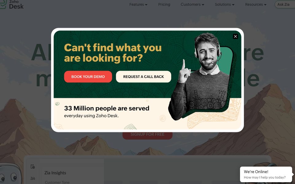 Página de inicio de Zoho Desk que muestra un servicio de asistencia asequible