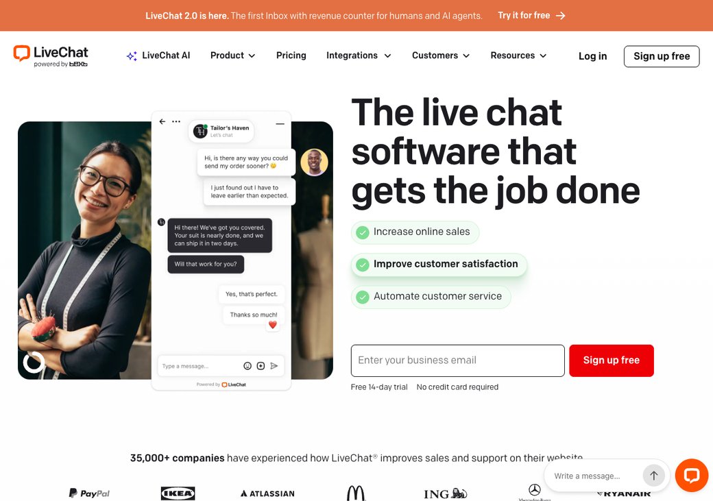 Página de inicio de LiveChat que muestra un widget de chat en vivo pulido