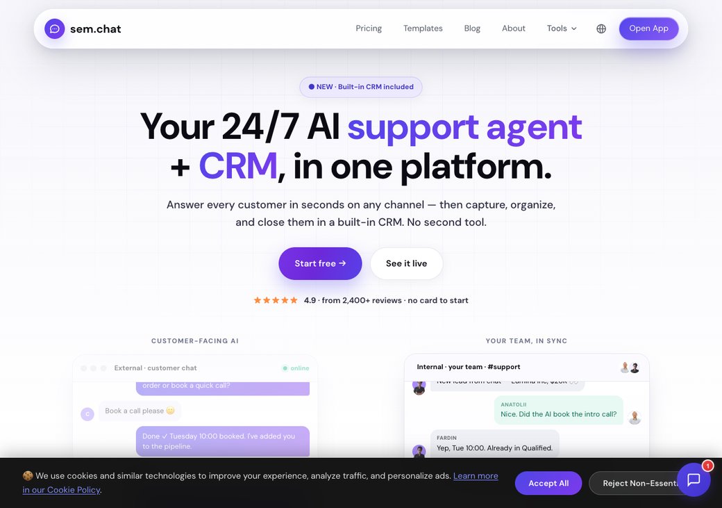 CRMsoftware.pro homepage showing AI chat and voice agents